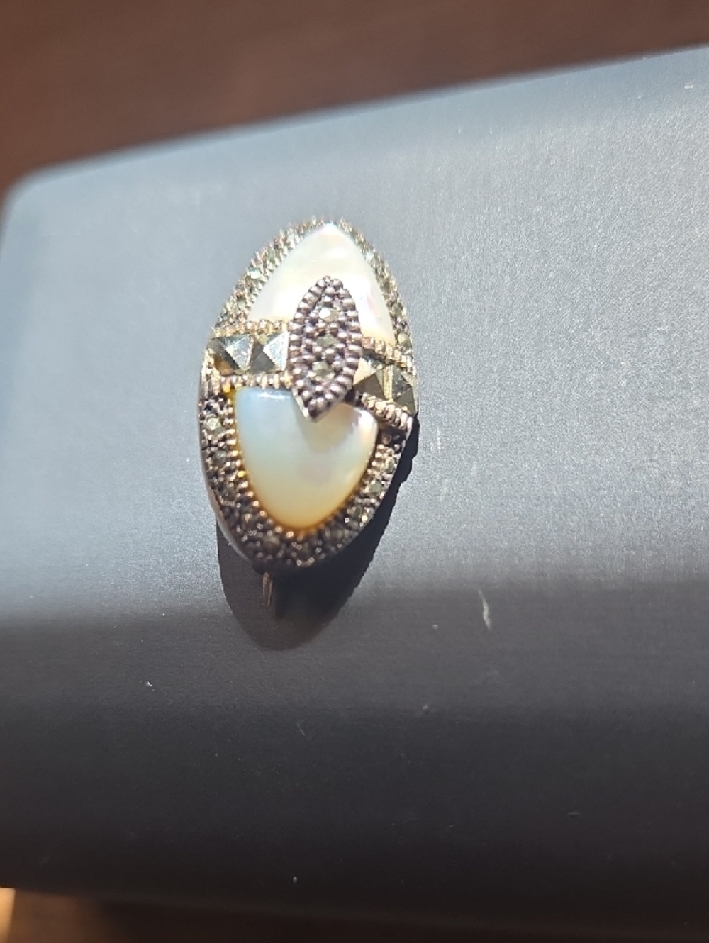 Vintage Sterling Silver Mother of Pearl & Marcasite Brooch - 925 Art Deco Style